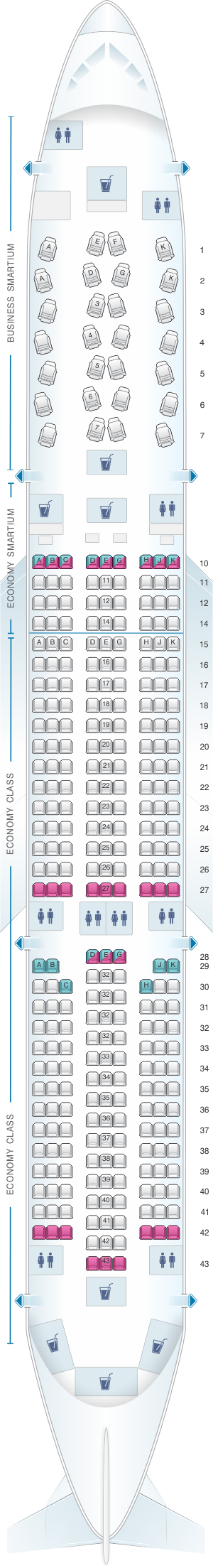 Seat map for Asiana Airlines Airbus A350 900