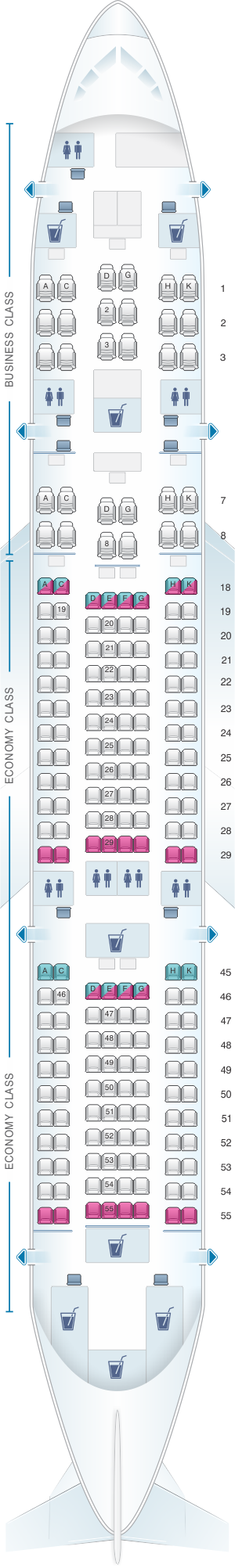 Seat map for Japan Airlines (JAL) Boeing B787-8 E03