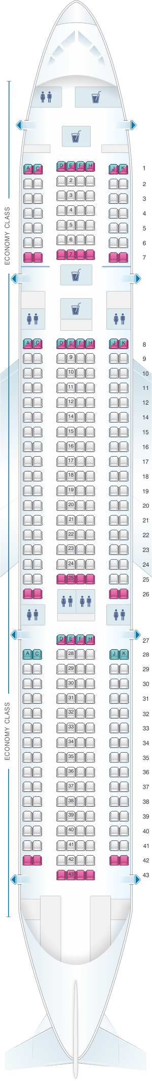 Seat map for Air Caraibes Airbus A330 200 318PAX