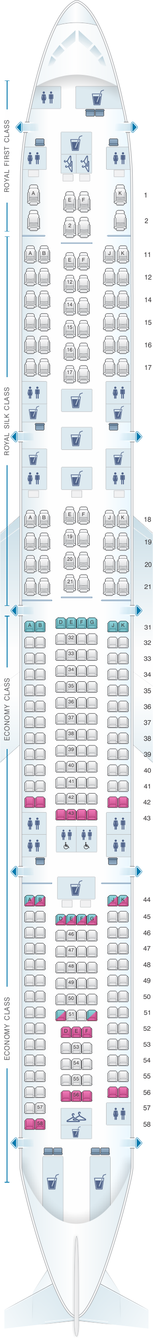 Seat map for Thai Airways International Airbus A340 600