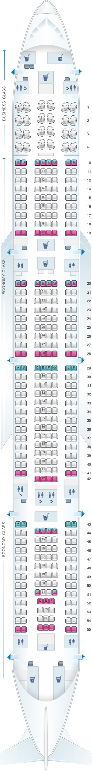 Seat map for Qatar Airways Airbus A340 600