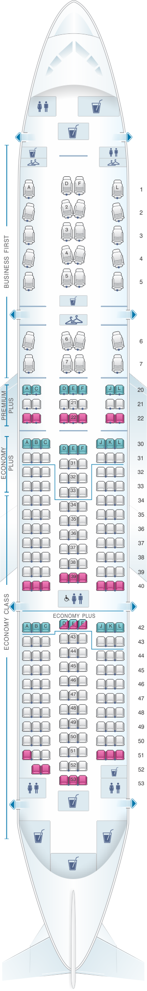 Seat map for United Airlines Boeing B787-8 Dreamliner version 2